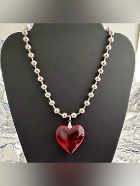 Silver Ball Chain Choker Necklace with Red Glass Heart Pendant ❤️